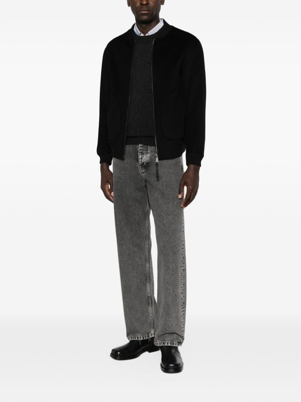 Bomber con zip in lana e cashmere nero 