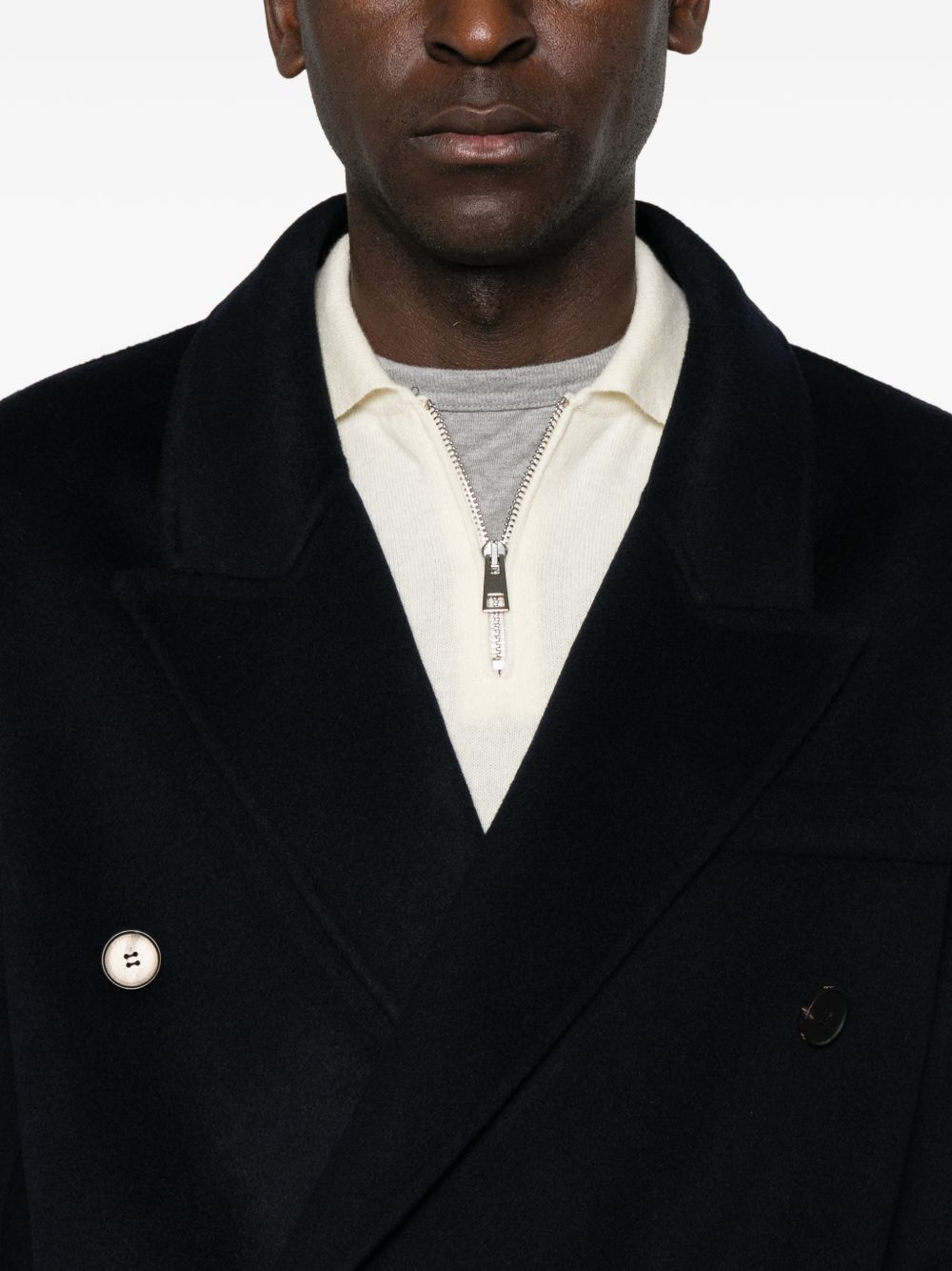 Cappotto doppiopetto in lana e cashmere blu navy 