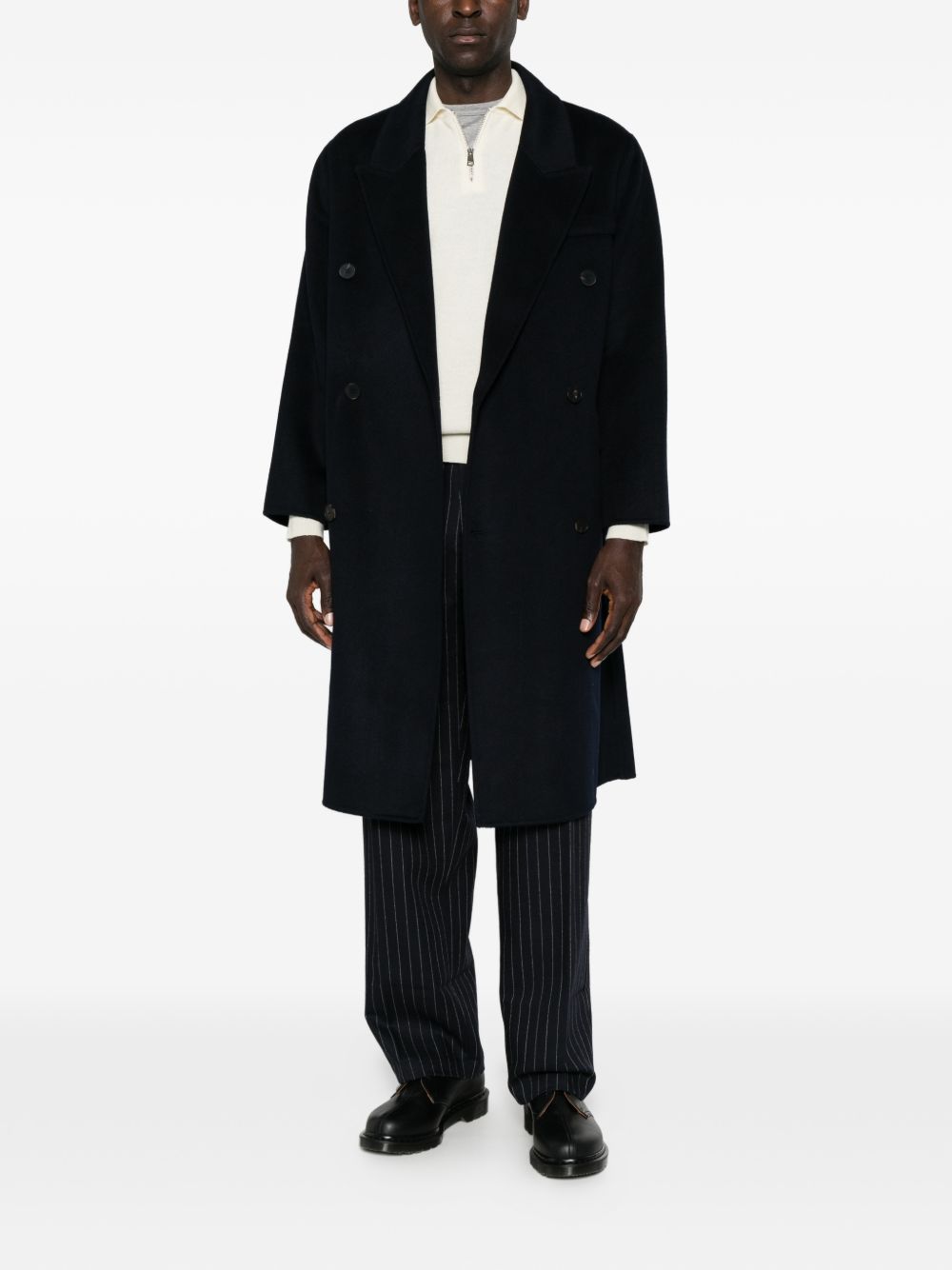 Cappotto doppiopetto in lana e cashmere blu navy 