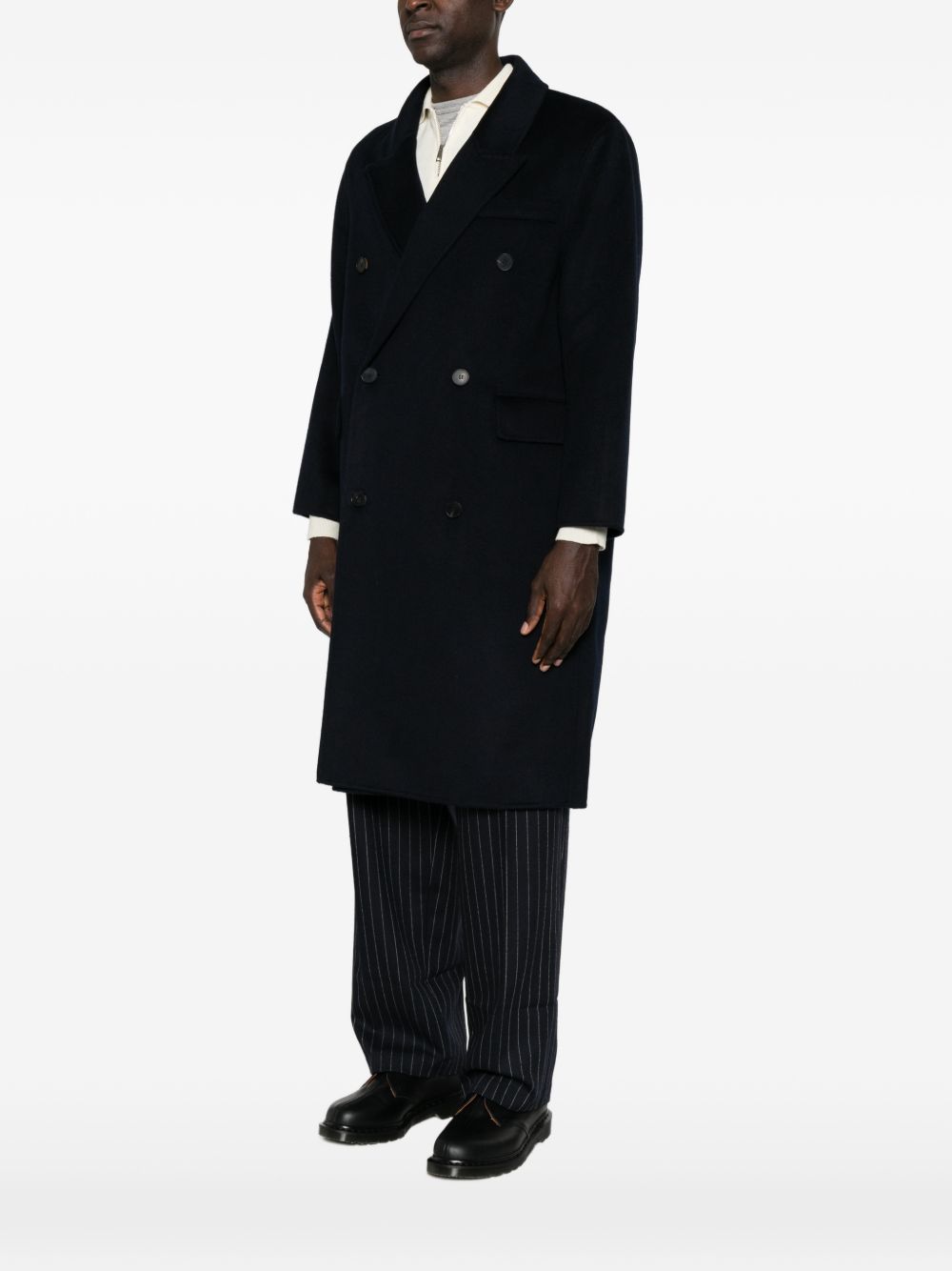 Cappotto doppiopetto in lana e cashmere blu navy 