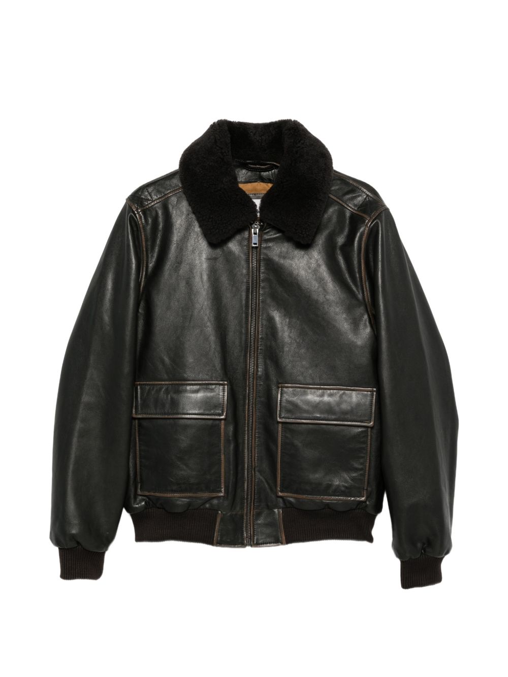 Giacca in pelle con collo in shearling marrone scuro 