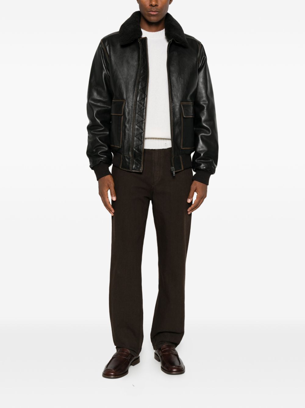 Giacca in pelle con collo in shearling marrone scuro 