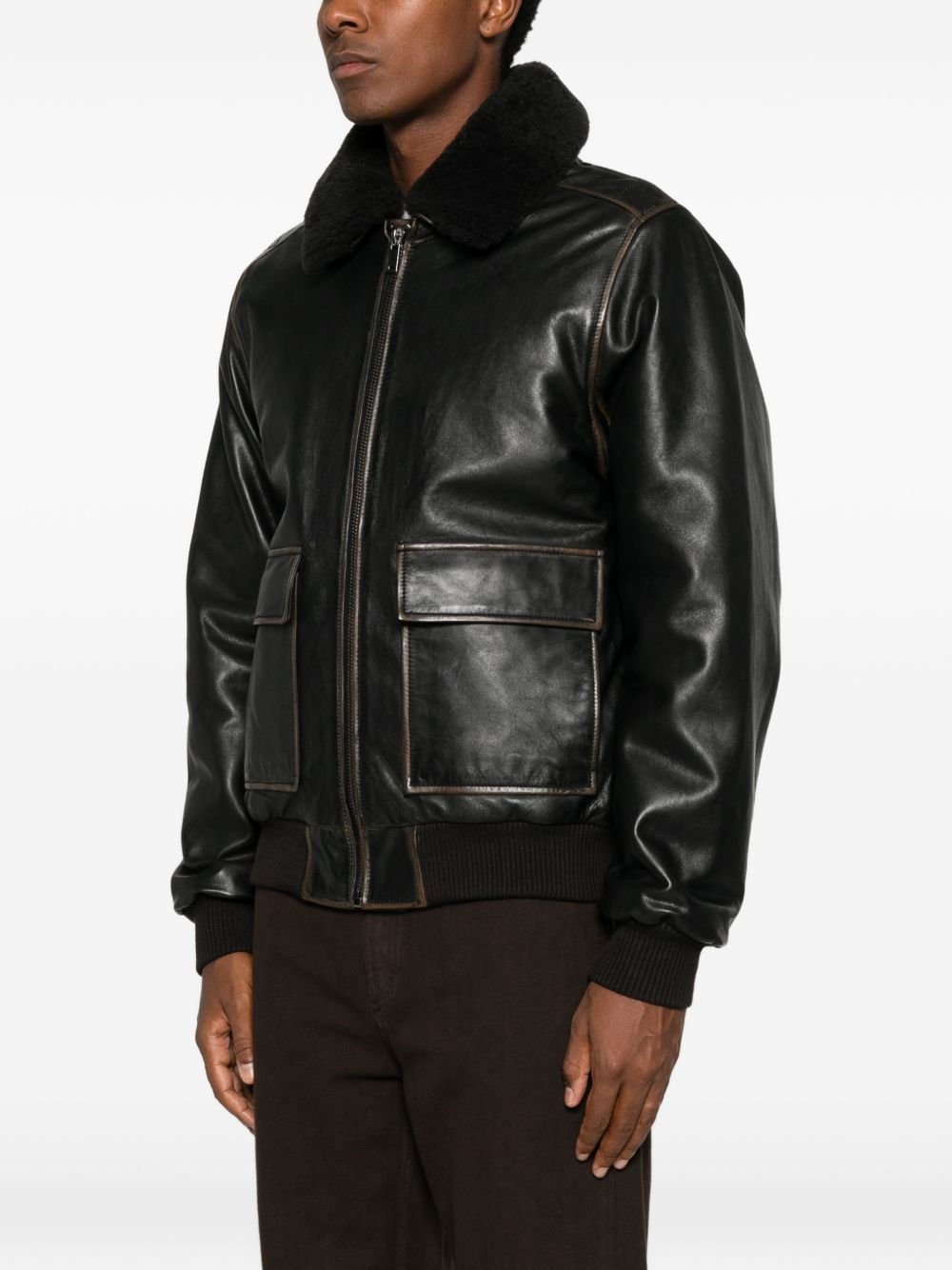 Giacca in pelle con collo in shearling marrone scuro 