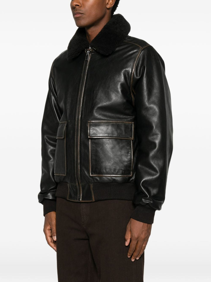 Giacca in pelle con collo in shearling marrone scuro 