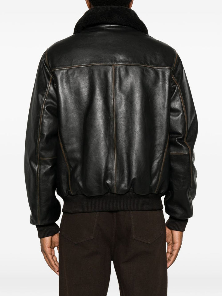 Giacca in pelle con collo in shearling marrone scuro 
