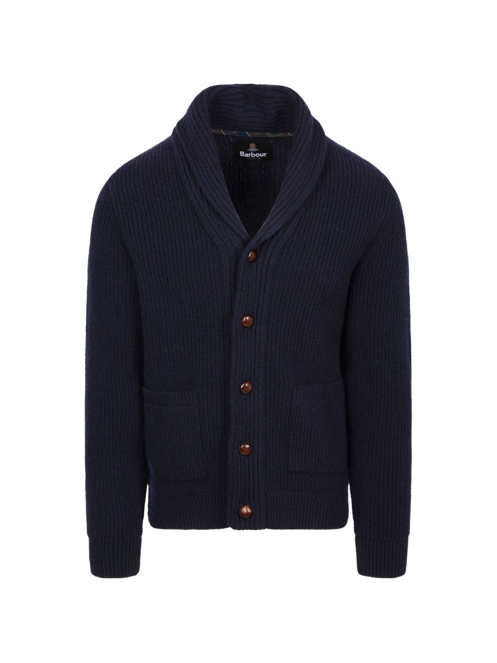 Cardigan blu navy con Collo a Scialle e Toppe sui Gomiti 