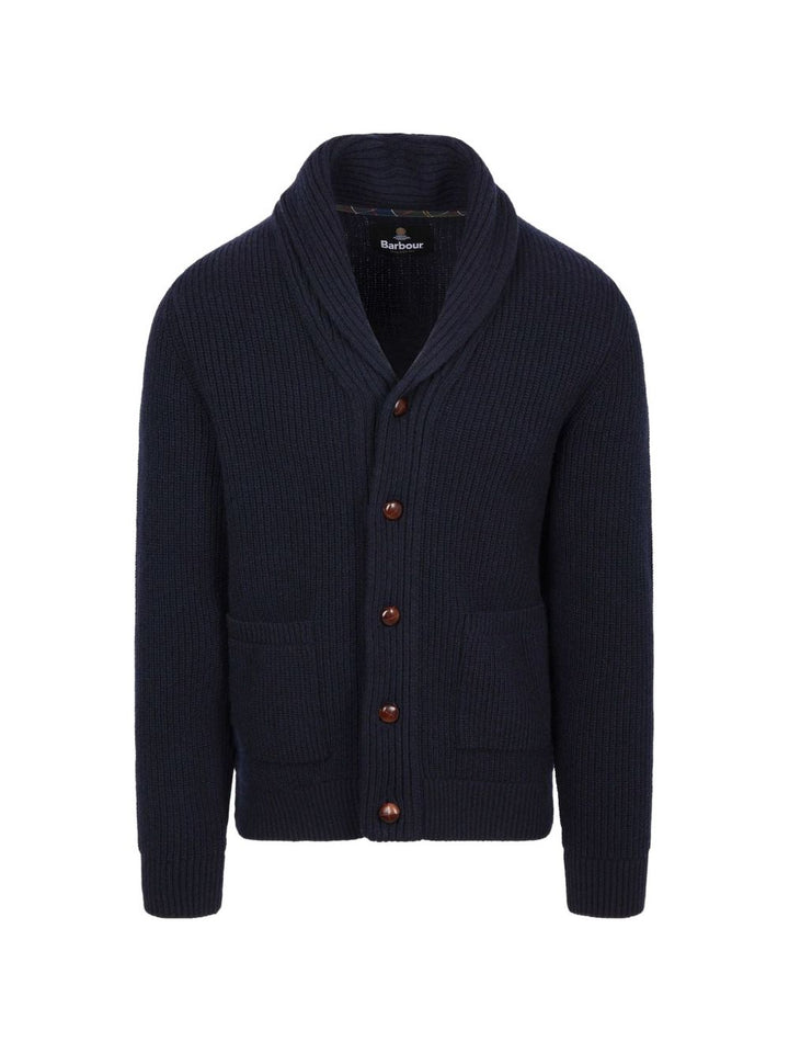 Cardigan blu navy con Collo a Scialle e Toppe sui Gomiti 