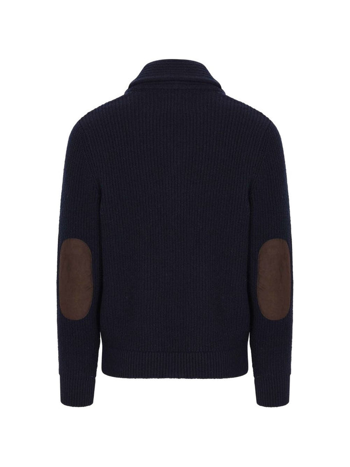 Cardigan blu navy con Collo a Scialle e Toppe sui Gomiti 