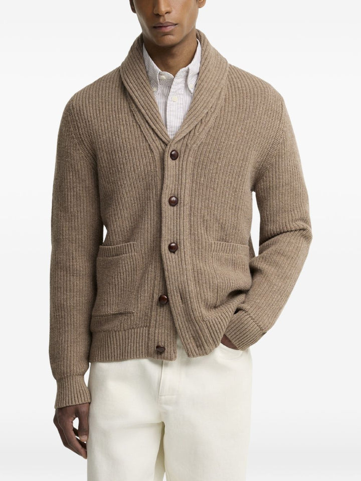 Cardigan stone con collo a scialle e toppe sui gomiti 