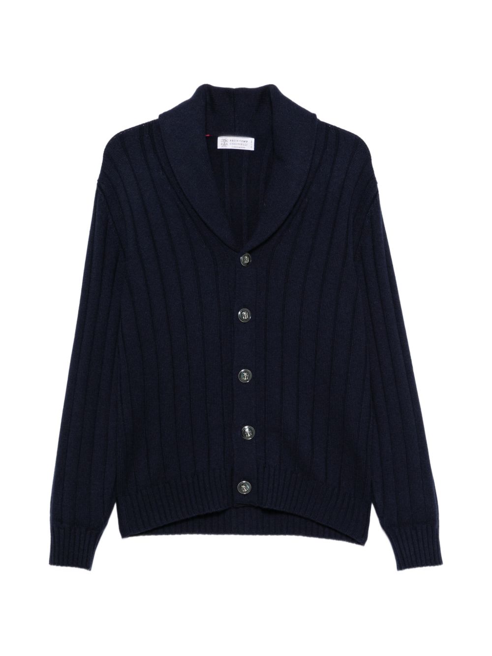 Cardigan a coste con collo a scialle in cashmere blu navy 