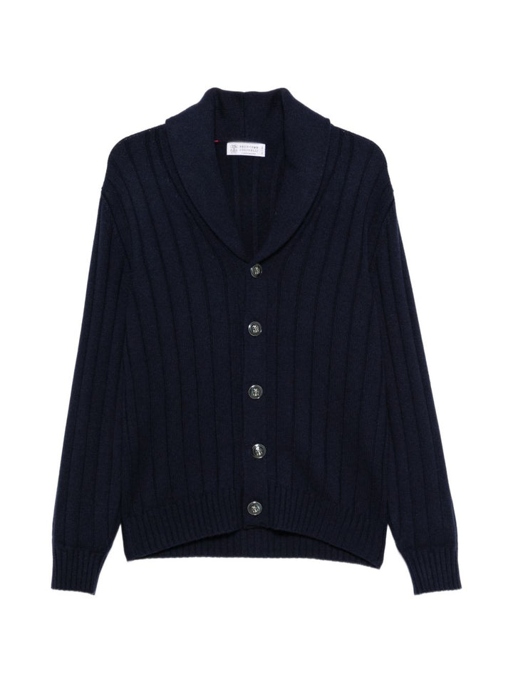 Cardigan a coste con collo a scialle in cashmere blu navy 