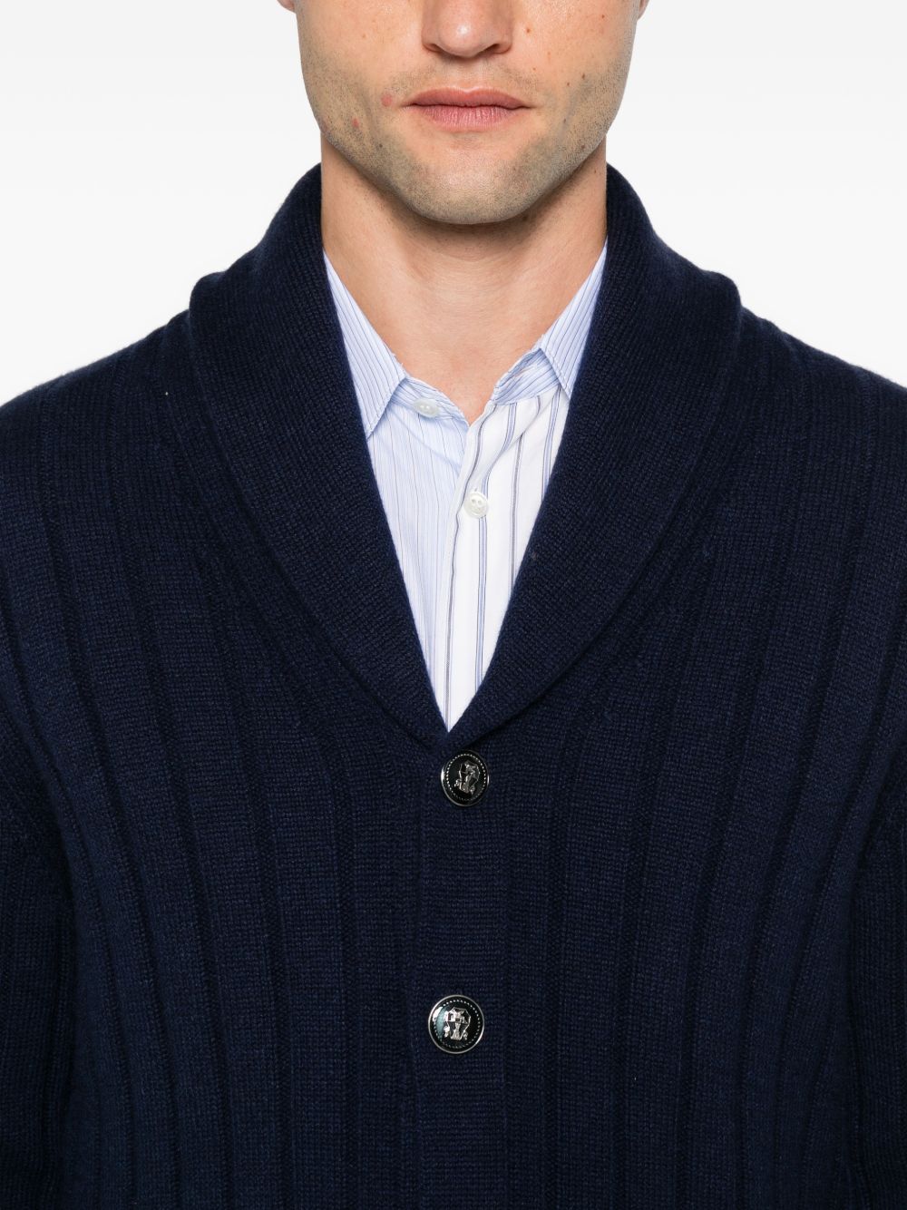 Cardigan a coste con collo a scialle in cashmere blu navy 