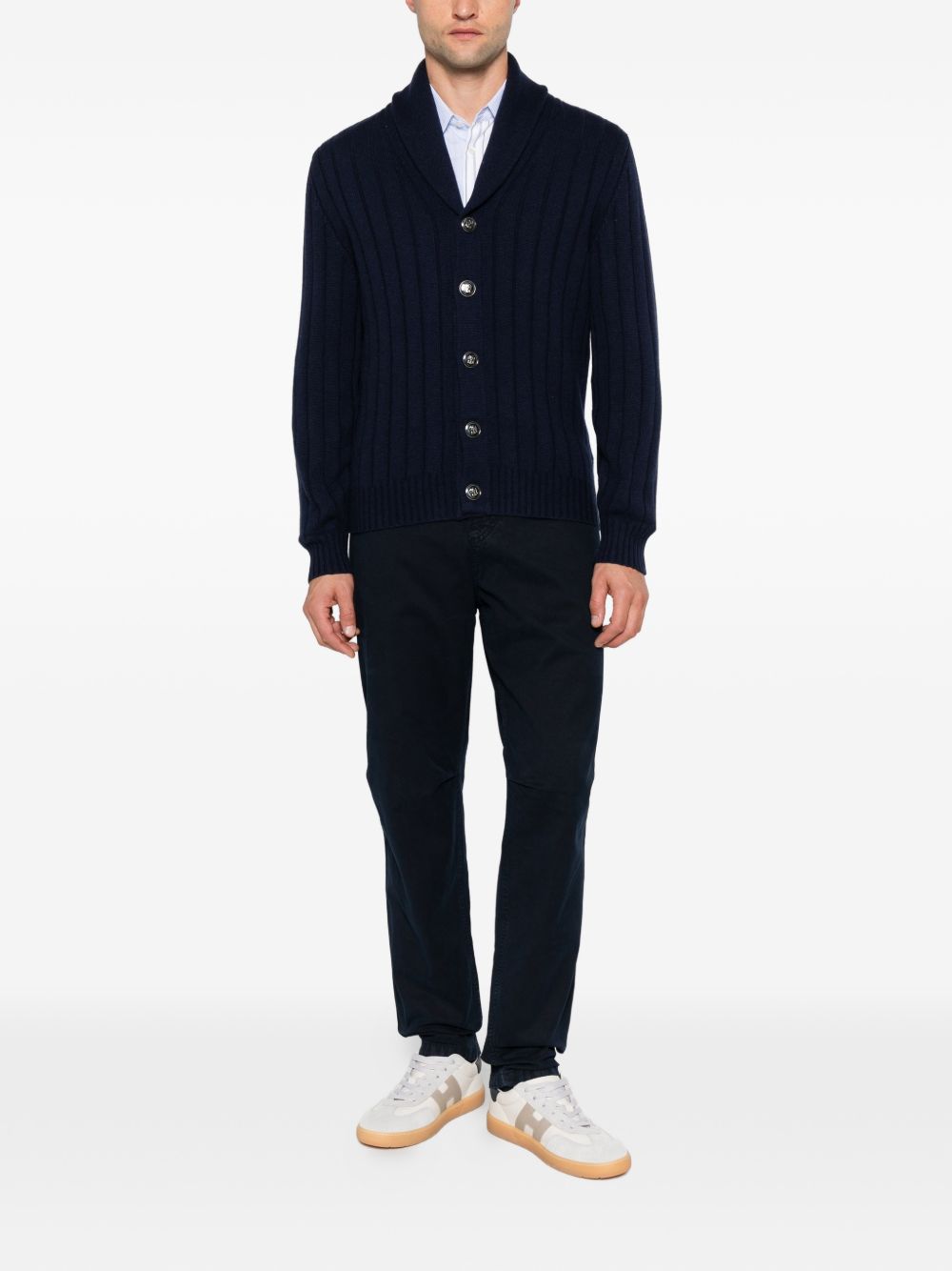 Cardigan a coste con collo a scialle in cashmere blu navy 