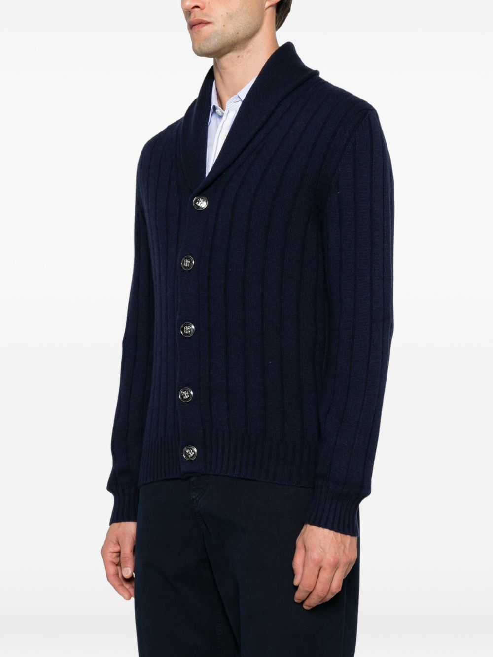 Cardigan a coste con collo a scialle in cashmere blu navy 