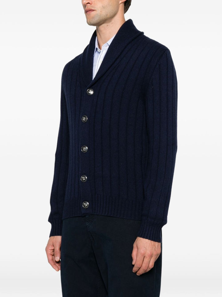 Cardigan a coste con collo a scialle in cashmere blu navy 