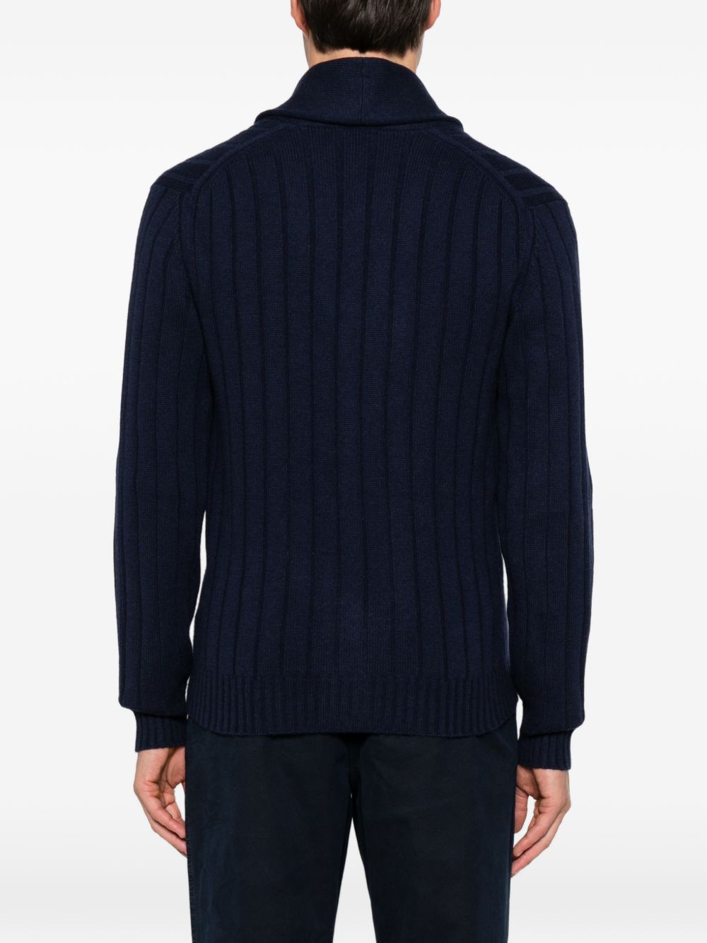 Cardigan a coste con collo a scialle in cashmere blu navy 