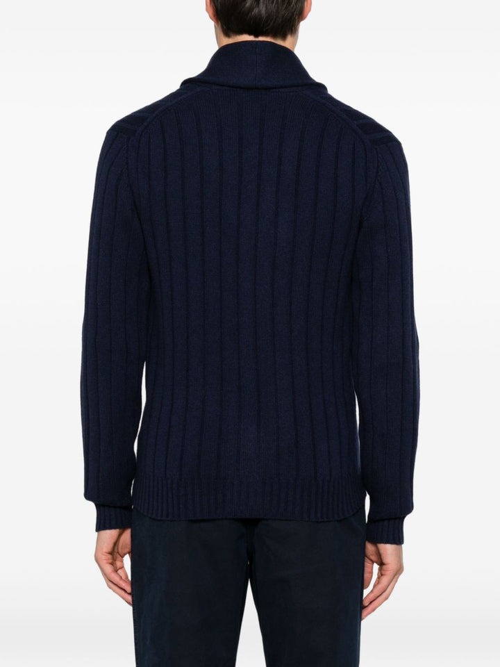 Cardigan a coste con collo a scialle in cashmere blu navy 