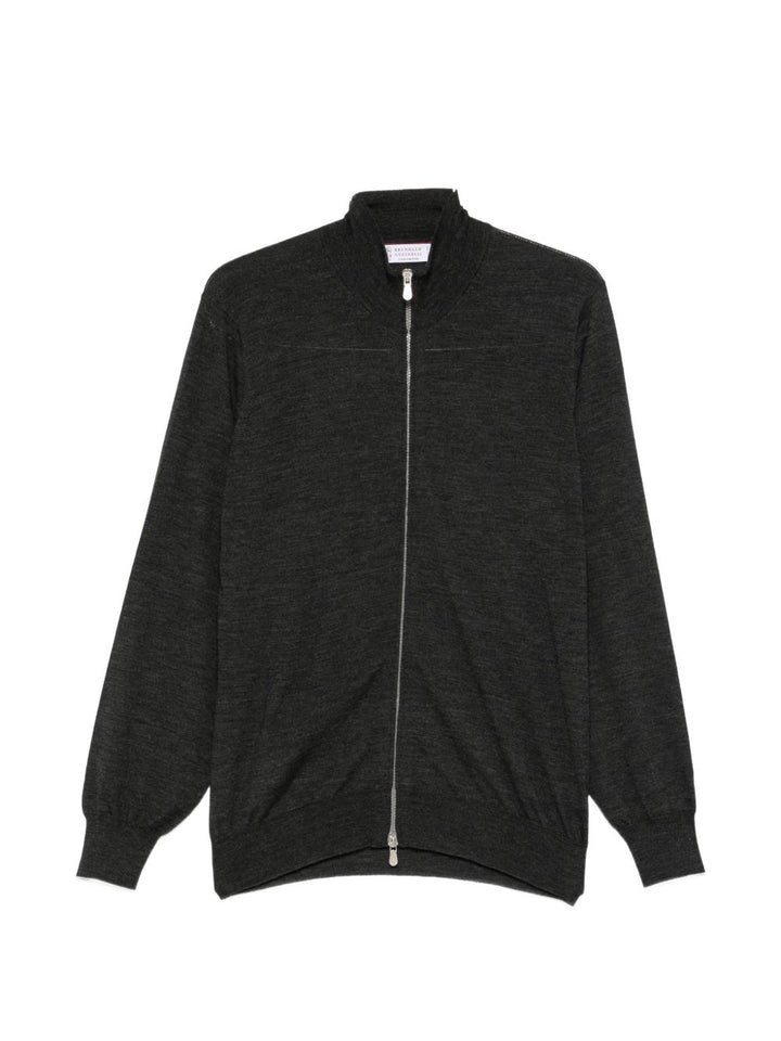 Cardigan con zip e collo alto in lana vergine e cashmere grigio scuro mélange 