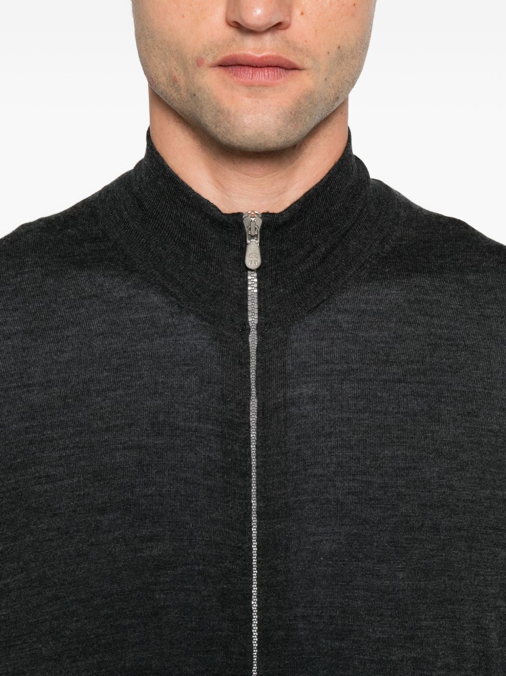 Cardigan con zip e collo alto in lana vergine e cashmere grigio scuro mélange 