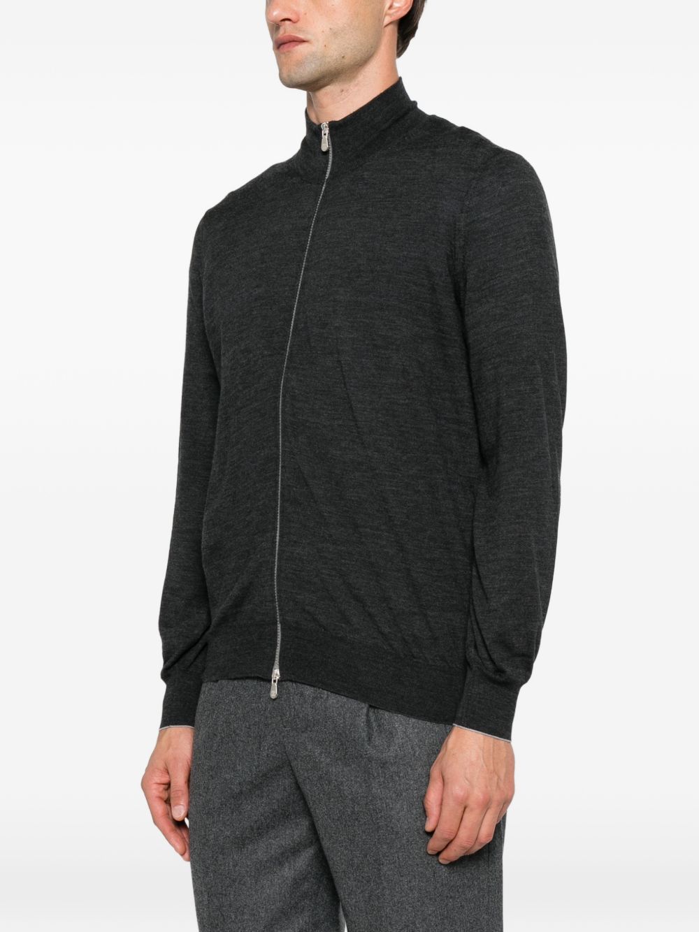 Cardigan con zip e collo alto in lana vergine e cashmere grigio scuro mélange 