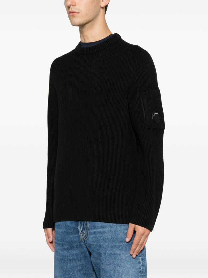 Maglione nero girocollo in cotone a coste con dettaglio Lente 