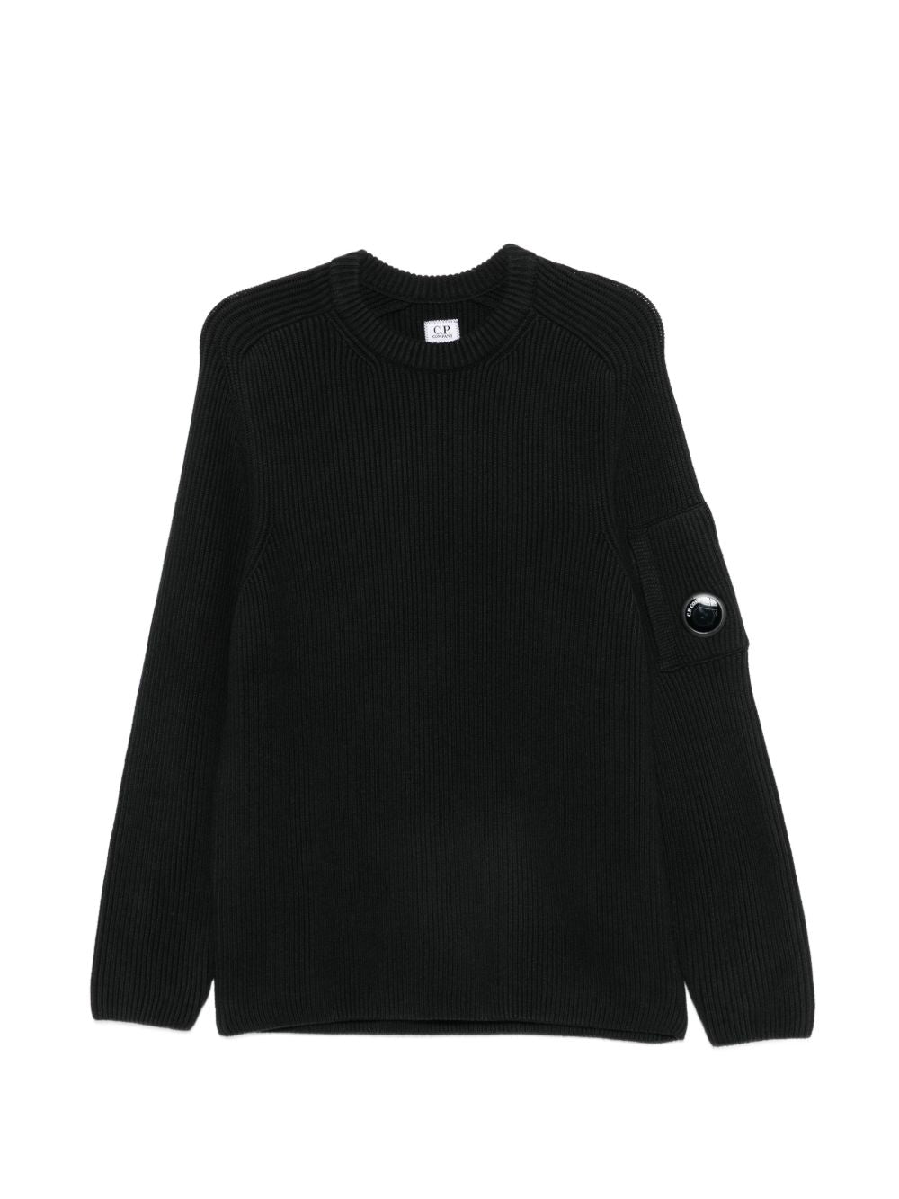 Maglione nero girocollo in cotone a coste con dettaglio Lente 