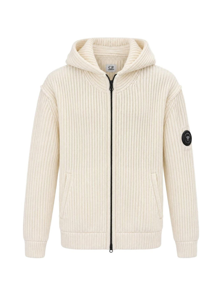 Giacca con zip e cappuccio in lambswool GRS bianco garza 