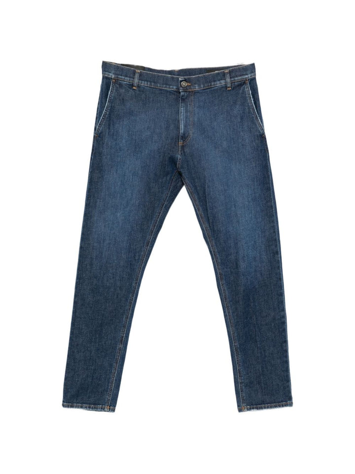 Jeans con impunture a contrasto e logo blu 