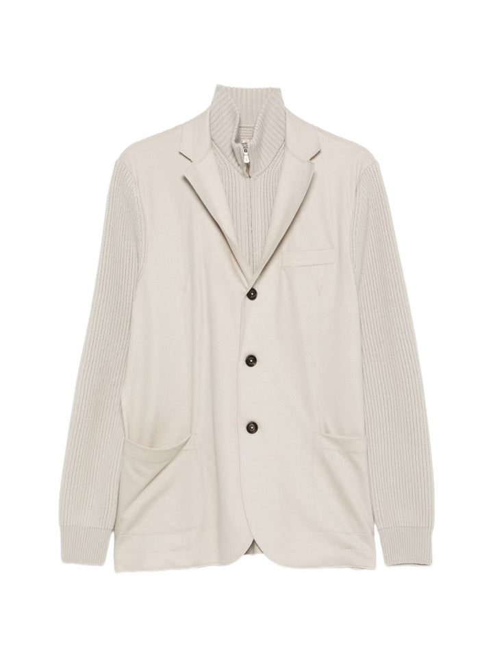 Blazer sabbia in lana a coste con collo alto 