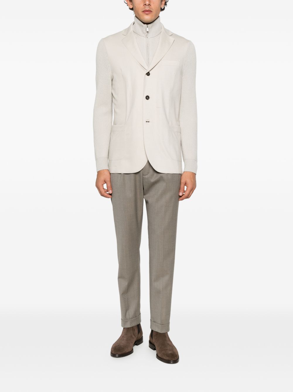 Blazer sabbia in lana a coste con collo alto 