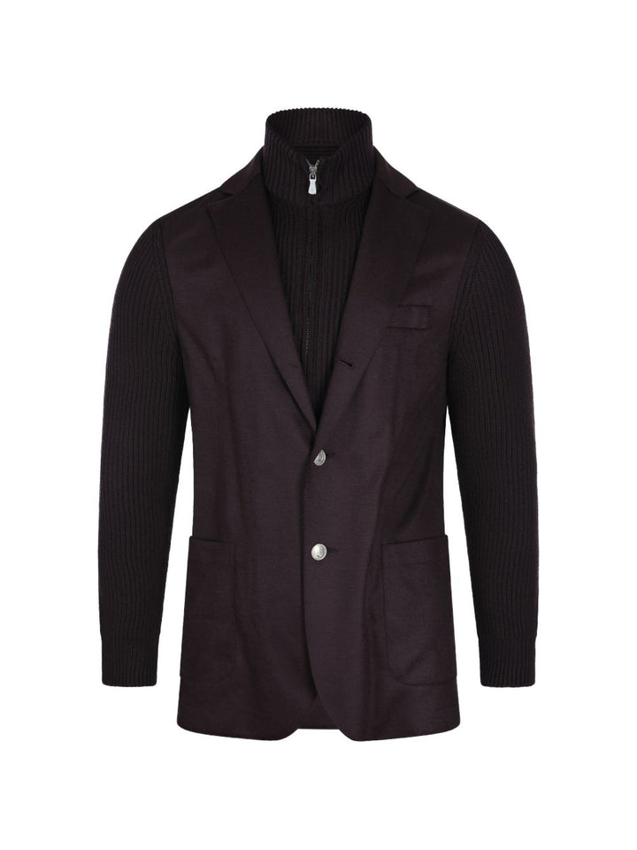Blazer bordeaux in lana a coste con collo alto 