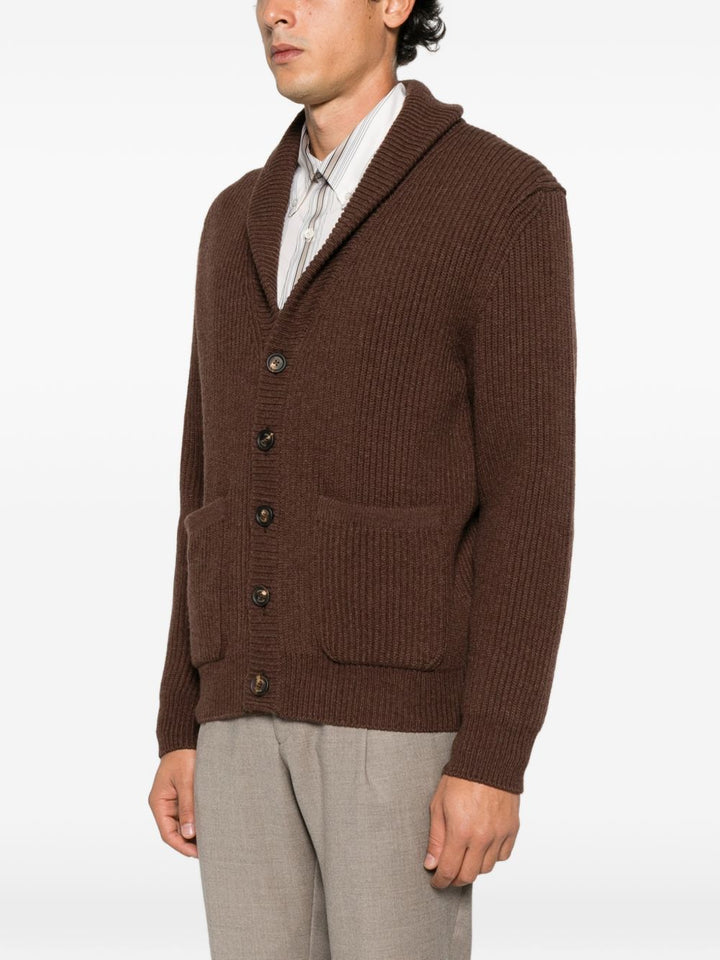 Cardigan nero a coste con collo sciallato 