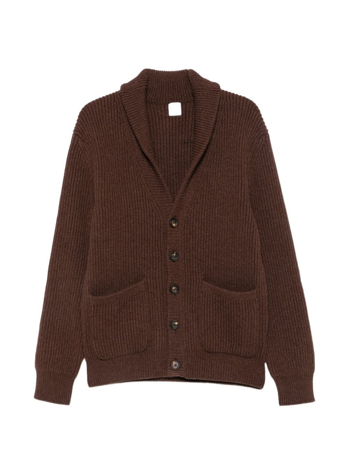 Cardigan nero a coste con collo sciallato 