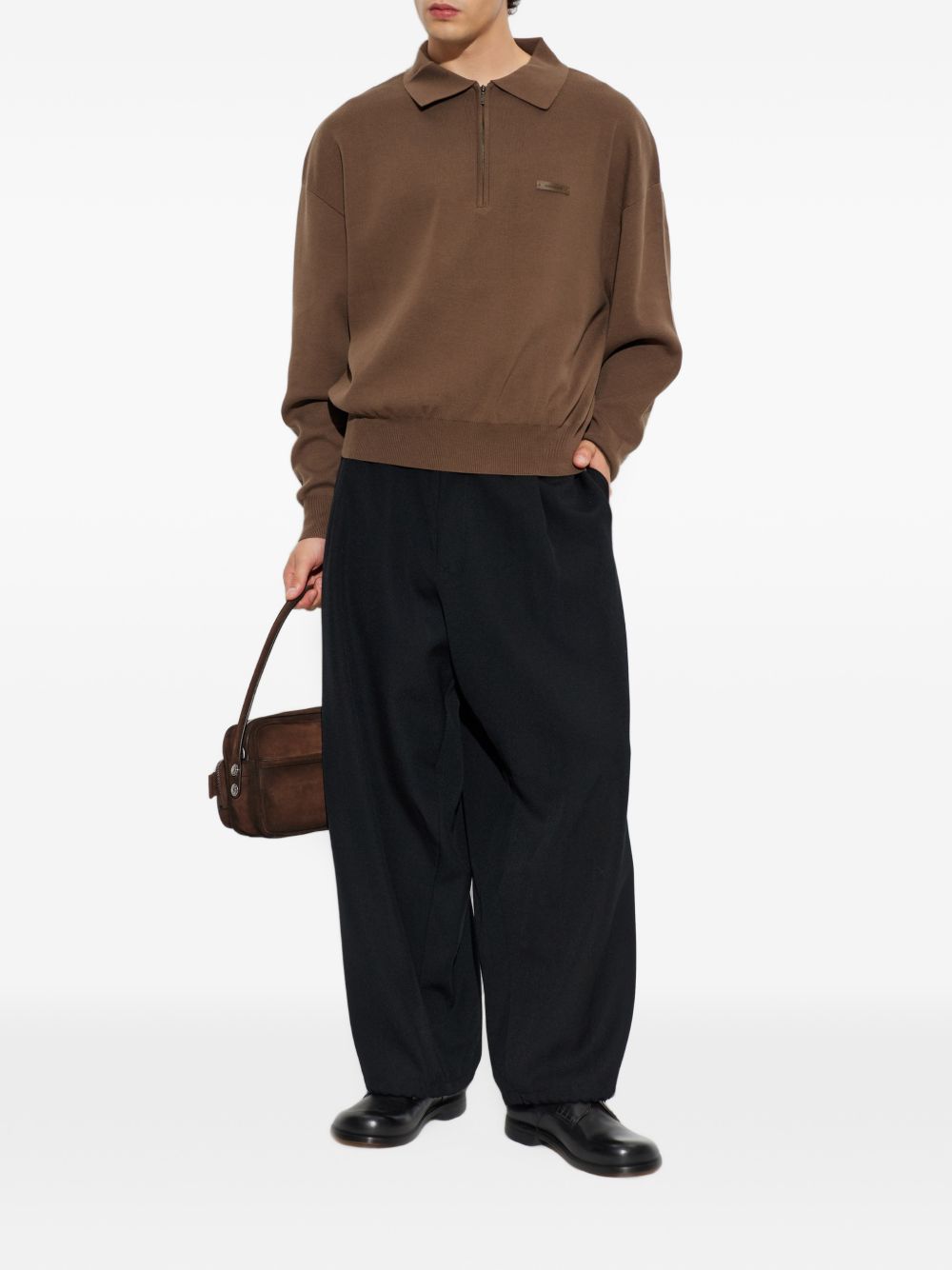 Polo marrone in cotone con zip 