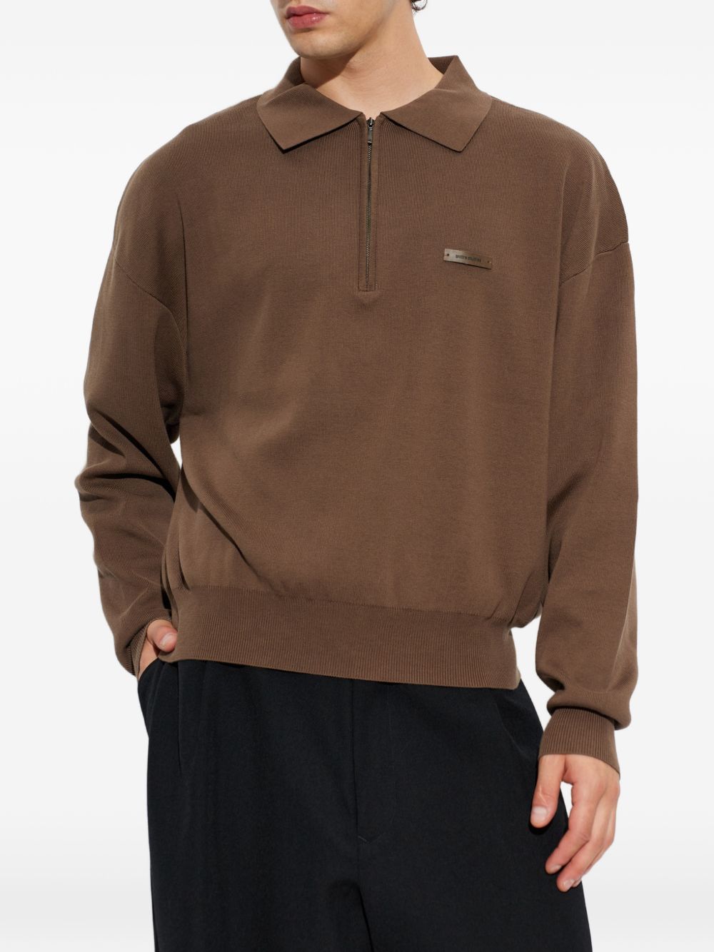 Polo marrone in cotone con zip 