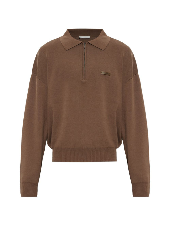 Polo marrone in cotone con zip 
