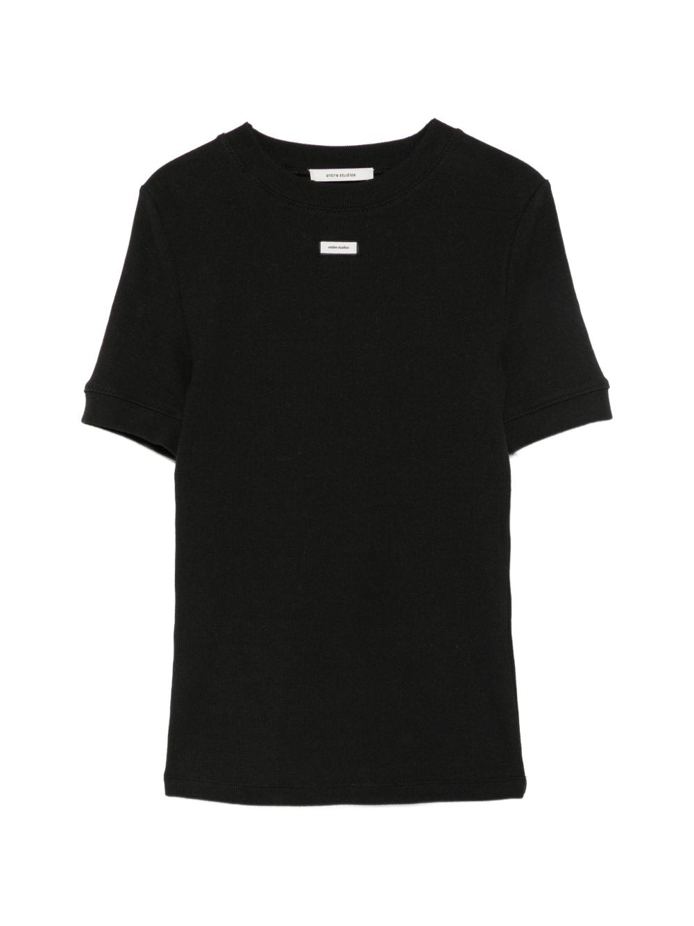 T-shirt nera a coste con logo 