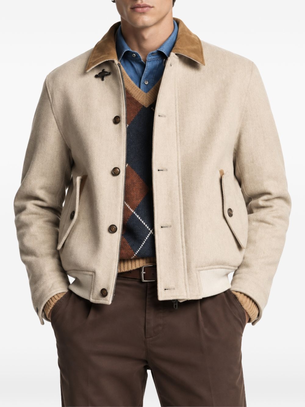 Bomber corda/marrone con colletto a coste 