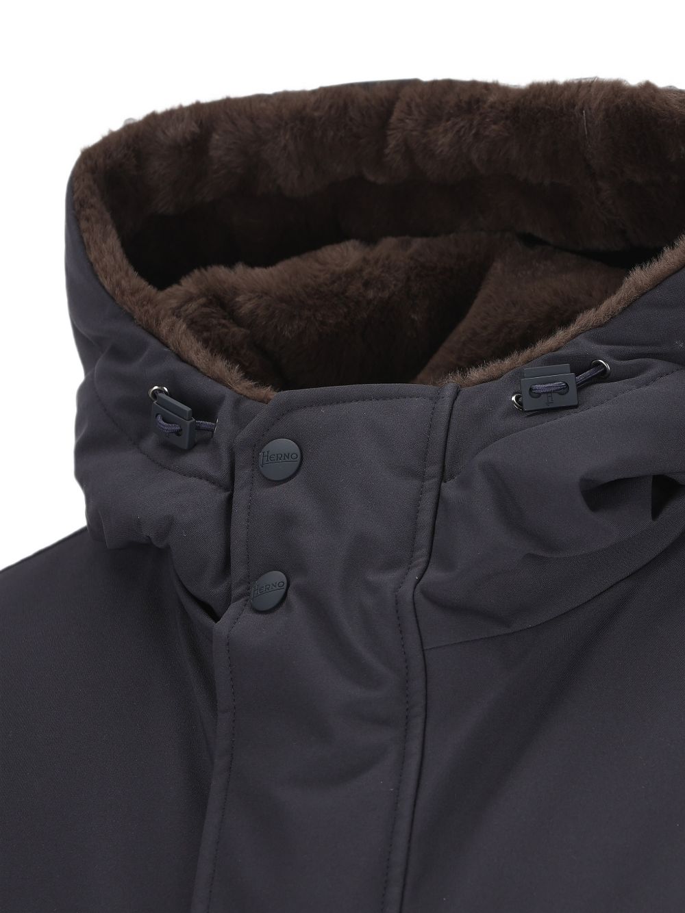 Giacca blu  con cappuccio e rifiniture in pelliccia sintetica 