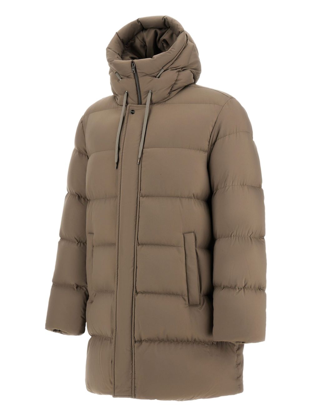 Cappotto imbottito taupe con cappuccio 
