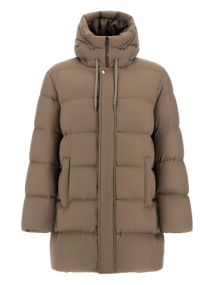 Cappotto imbottito taupe con cappuccio 