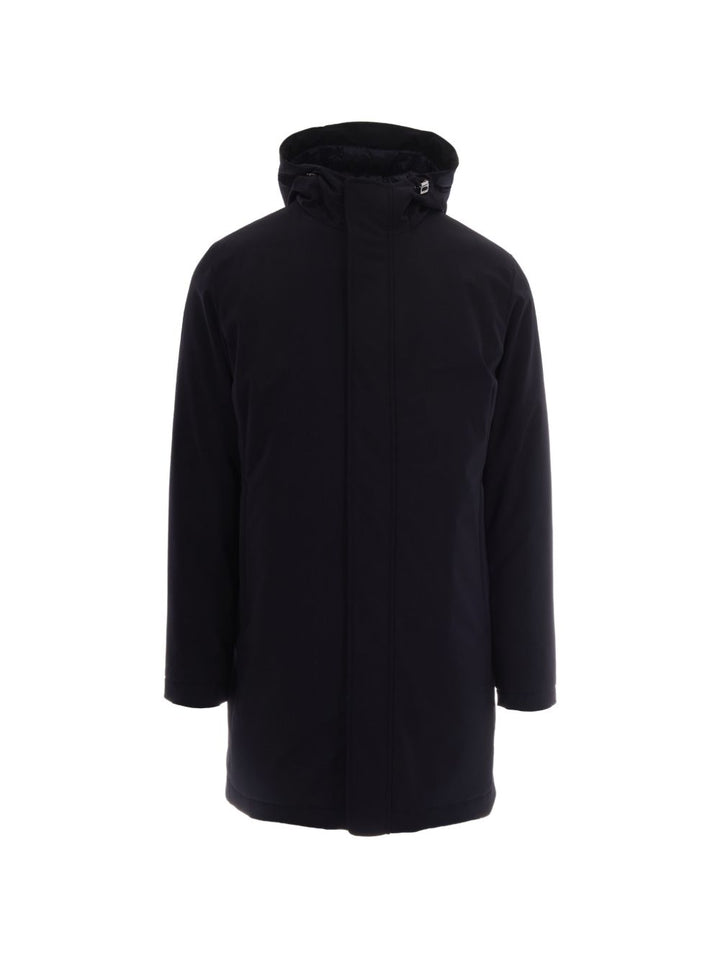 Impermeabile blu navy con cappuccio 