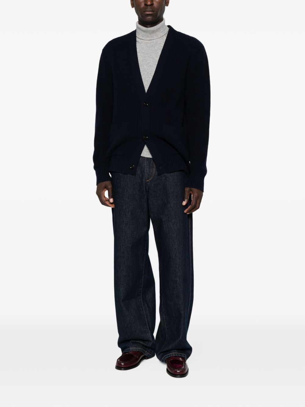 Cardigan blu notte a coste con scollo a V 