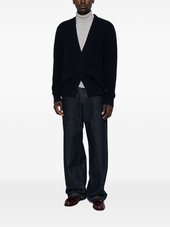 Cardigan blu notte a coste con scollo a V 