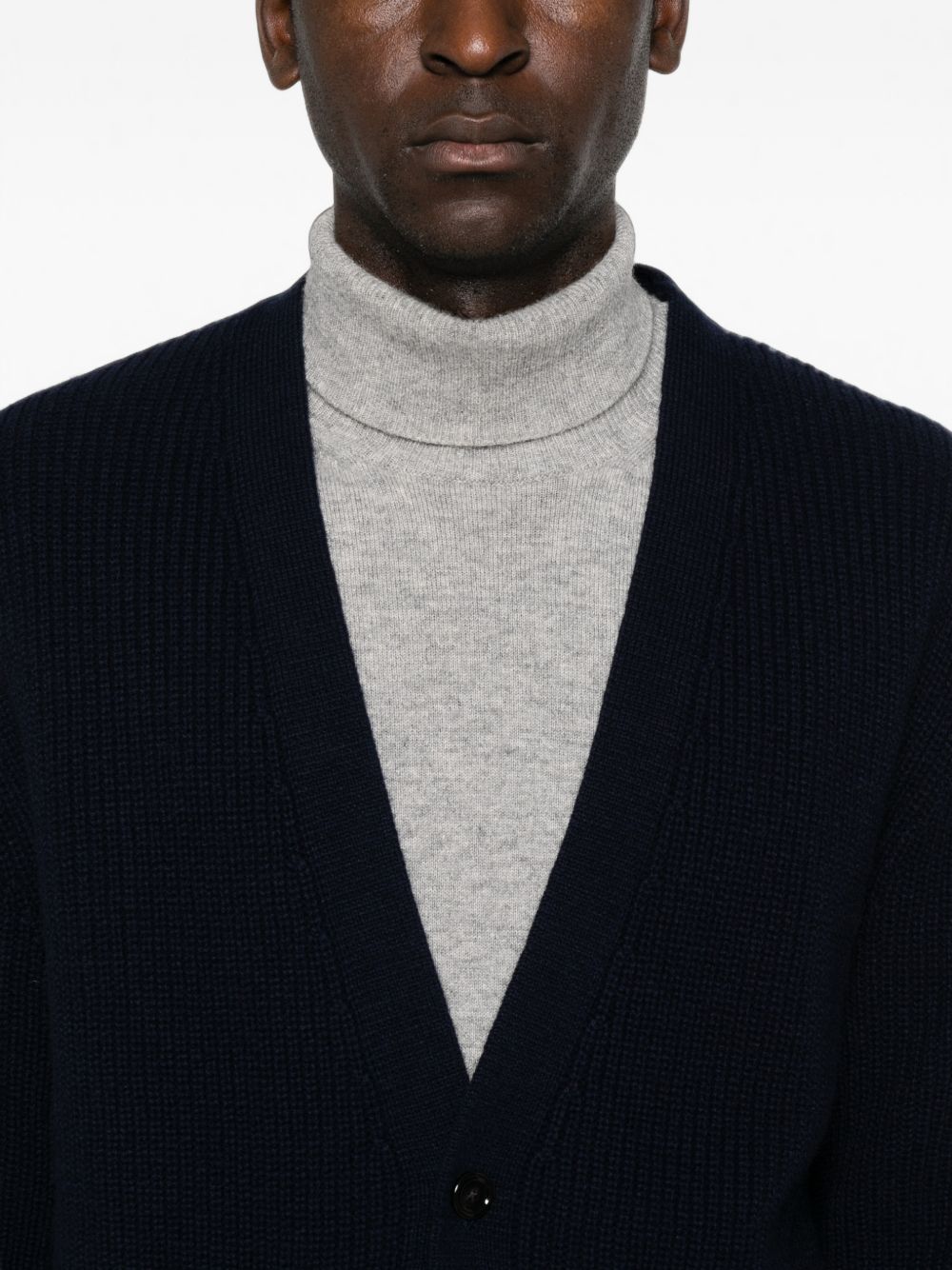 Cardigan blu notte a coste con scollo a V 