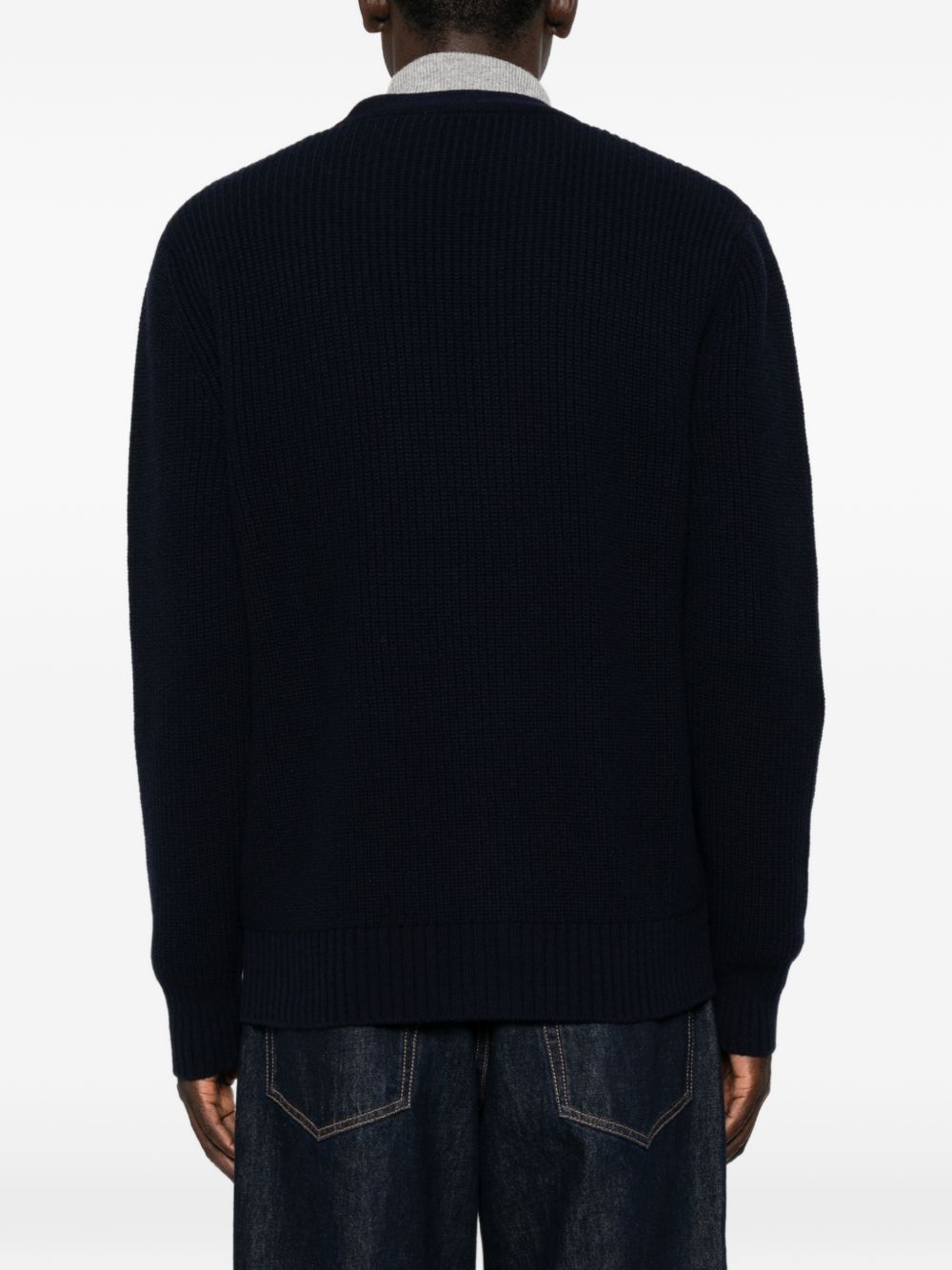 Cardigan blu notte a coste con scollo a V 