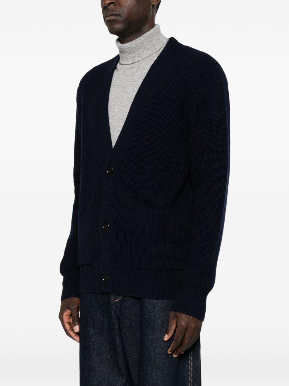 Cardigan blu notte a coste con scollo a V 