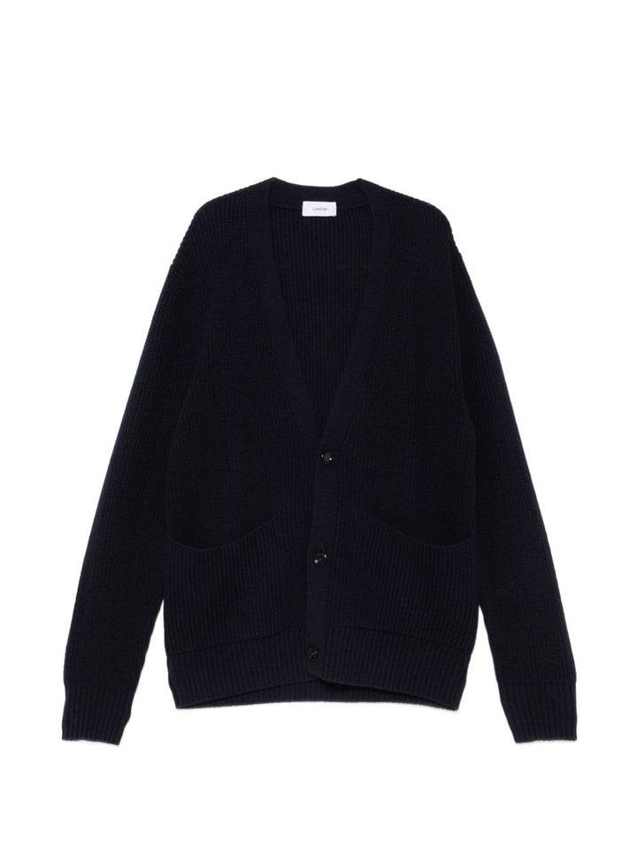 Cardigan blu notte a coste con scollo a V 