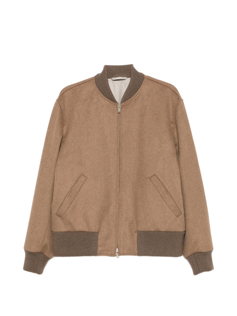 Bomber cammello in lana con bordi a coste 