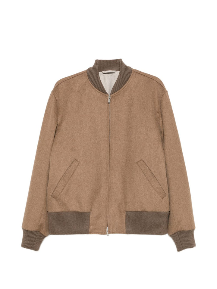 Bomber cammello in lana con bordi a coste 